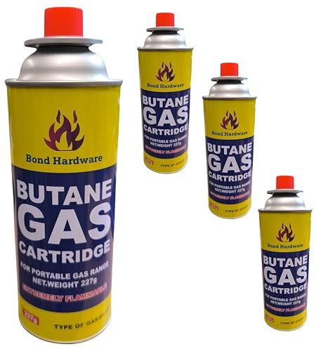 BEST QUALITY STORES (BQS) Bond Hardware Butane Gas Canisters (Pack of 4) – Gas Bottles for Camping Stove, BBQ, Heaters, Blowtorch & Weed Burner – Portable Camping Gas