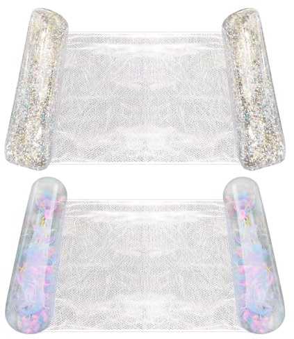 4 in 1 Bouee Piscine Adulte - 2 Pièces Matelaes Piscine Gonflable | Salon Flottant Pailleté | Hamac Flottant Pliable Portable | Matelaes Filet Piscine | Bouée Transats Piscine pour Vacances Plage