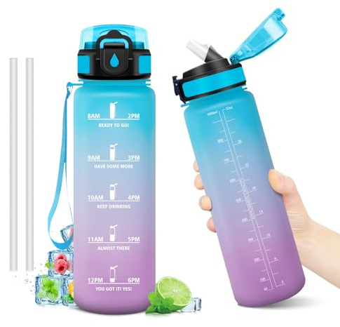 Borraccia 1L, Bottiglia Acqua A Prova di Perdite, Bottiglia Riutilizzabile, Borraccie con Cannuccia e Marcatori Temporali, senza BPA, Borraccia Motivazionale per Campeggio, Scuola, Ufficio, Yoga
