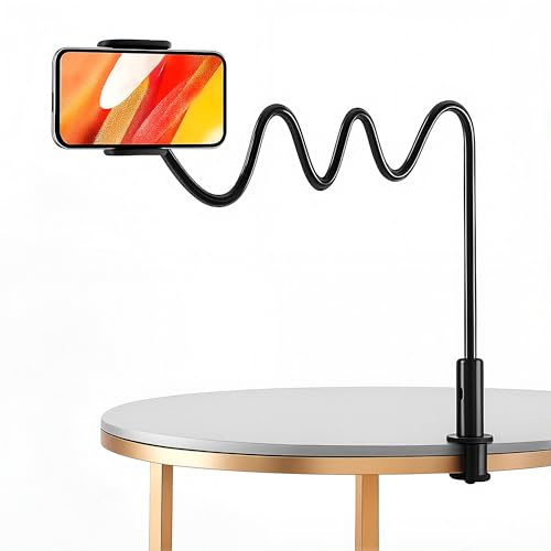 Flexible Gooseneck Phone Holder Stand for Bed and Desk, Long Arm Adjustable Mobile Phone Holder Stand Clamp for Desk Frame, Compatible with 4-7 Phones, Hands-Free Viewing Mount