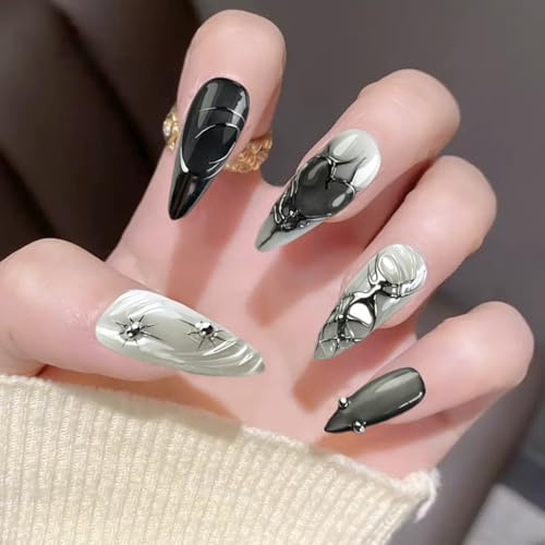 FrostyFlair Press On Nails, 24 pezzi unghie mandorla di media lunghezza da incollare, stella scintillante argentata in stile gotico-nero scuro Press On Nails lunghe