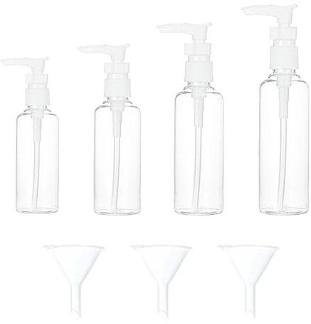 4 Pezzi dispenser per crema, 30ml, 50 ml, 80 ml, 100 ml, Trasparente enza senz'aria Flaconi da Viaggio, Boccette Contenitori Ricaricabile Con 3 imbuti, per Cosmetici, Lozione, Bagno, Shampoo Liquidi