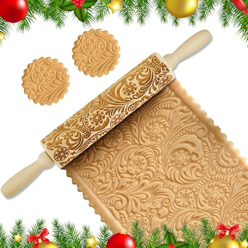 Riisoyu Weihnachten Geprägt Teigroller, Teigroller Nudelholz mit Schneeflocke Blumenranken 3D Präge Nudelholz geeignet für dieHerstellung von Weihnachtsplätzchen und Gebäck