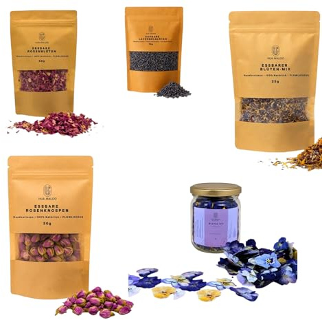 HUA MALOO Gastro Profi Set – Getrocknete essbare Blüten (Veilchen, Rosenknospen, Rosenblüten, Lavendelblüten, Blüten-Mix) | Für Tee, Kuchen, Desserts, Cupcakes, Torten, Salate & Deko