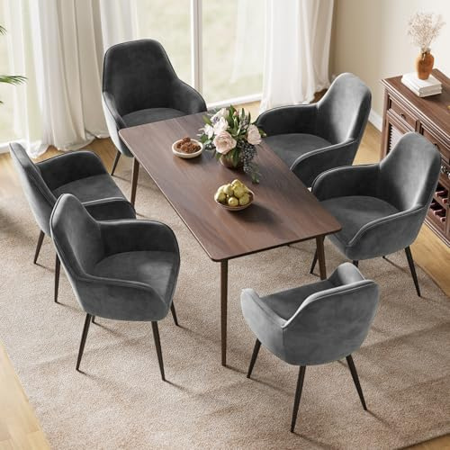 ELUCHANG Esszimmerstuhl, 6er Set, Küchenstuhl, Polsterstuhl, Sessel Bequem mit Armlehne, Loungesessel, bis 150 kg Belastbar, Samt, für Esszimmer, Küche, Wohnzimmer, Gray