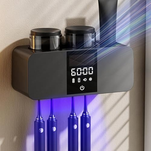 UV Zahnbürstenhalter Sterilisator, Elektrische Zahnbürstenhalter mit 4 Zahnbürstenschlitzen und 2 Zahnputzbecher, Zahnbürsten Organisator mit Trocknungsfunktion für Kinder und Erwachsene (Schwarz)