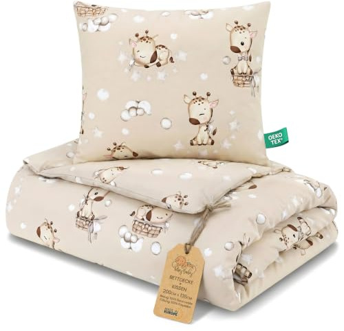 Barntäcke utan överdrag Set 135X200 cm + 80X80 cm bomull – baby täcke med kudde för babysäng spjälsäng småbarn – filt barnfilt Oeko Tex lätt andas varm mjuk hela året Giraffer