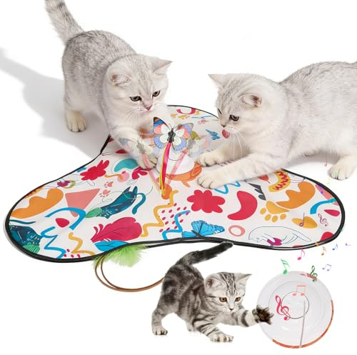 Spielzeug für Katzen mit Federn, Interaktives Elektrisches Katzenspielzeug zur Selbstbeschäftigung, USB Wiederaufladbar mit Schmetterling & Maus – Automatisches Spielzeug Katze für Jagdspaß drinnen