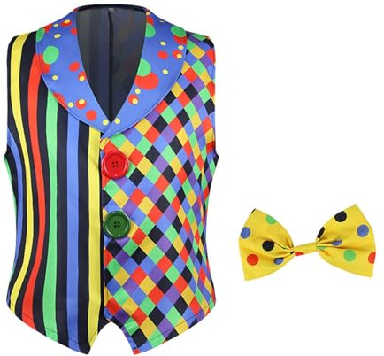 Zanisouta Disfraz de carnaval para hombre, con estampado de arcoíris, chaleco de traje a rayas, sin mangas, chaqueta de traje con payaso, ligero, cuello de pico, para adultos, cosplay, espectáculo de
