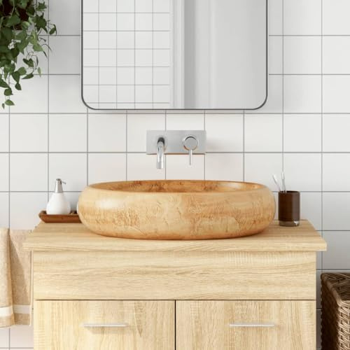 Kaloriko Lavabo marrón ovalado 59 x 40 x 15 cm de cerámica con orificio para grifo y desagüe, diseño para baño de invitados, lavabo para instalación superior e inferior