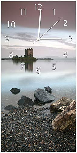 Wallario Design-Wanduhr Schloss in Schottland aus Glas, Motiv-Uhr Größe 30 x 60 cm, weiße Zeiger