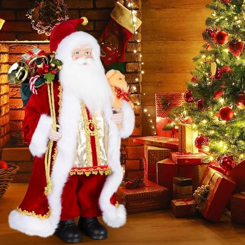 Uten Weihnachtsmann Figur 43 cm, Weihnachten Stehende Santa Claus Figuren mit Geschenktüte und kleinem Bär, für Neujahr Weihnachtsdeko, Geschenke