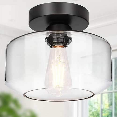 Lynnoland Industrial Semi Flush Mount Ceiling Light Black, Clear Glass Shade Ceiling Light Fixture, Farmhouse Light Fixtures for Hallway Corridor Kitchen Bathroom Bedroom Passway Foyer