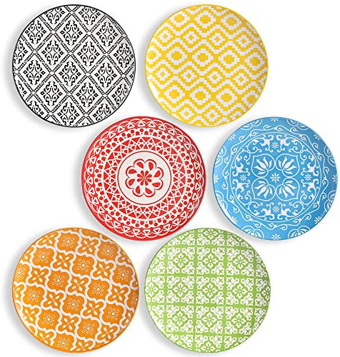 AHX Platos Llanos Porcelana - Juego de Platos de 6 Colores - Platos Postre| Ensalada | Aperitivo | Fruta - Apto para Microondas y Lavavajillas - 20.3 cm