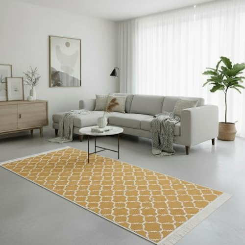 Fashion4Home Teppich Läufer - Tepiche für Wohnzimmer, Schlafzimmer, Küche, Kinderzimmer, Badezimmer - Boho Kelim - Läufer Flur, Morocco-Gold-Weiß, Größe: 80x200 cm