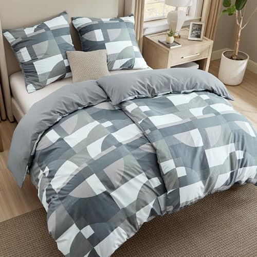 BEDSURE Bettwäsche 135x200 4teilig Bettbezug - Bettwäsche-Sets 135 x 200 cm 2er Set mit 2 Kissenbezüge 80x80cm, ÖKO-TEX Wendebettwäsche Bedding Grau Geometrie Muster mit Reißverschluss
