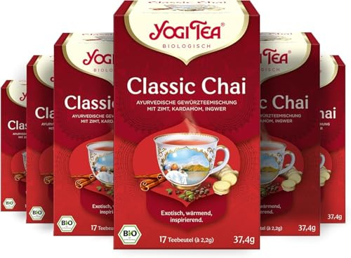 Yogi Tea Classic Chai, 6x17 Beutel (102 Teebeutel) | Ayurvedischer Bio Gewürztee, von Natur aus koffeinfrei, Mischung aus Zimt, Kardamom und Ingwer, Ideal als Geschenk
