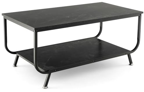LIFEZEAL Couchtisch Marmor Optik, Wohnzimmertisch mit großer Tischplatte & Stauraum, Rechteckiger Sofatisch Kaffeetisch Beistelltisch mit Metallrahmen, 105 x 55 x 46,5cm (Schwarz)