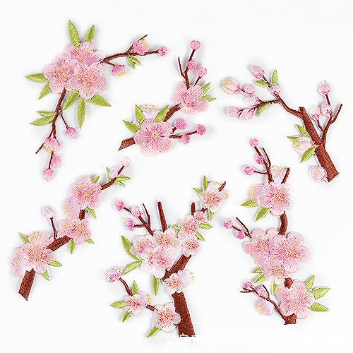 WANYI 6 toppe ricamate a fiori di pesco, ricamate 3D con fiori da cucire o stirare per abbigliamento fai da te, giacche, jeans, zaini, cappelli, creazioni artistiche e fai da te (fiori di pesco)