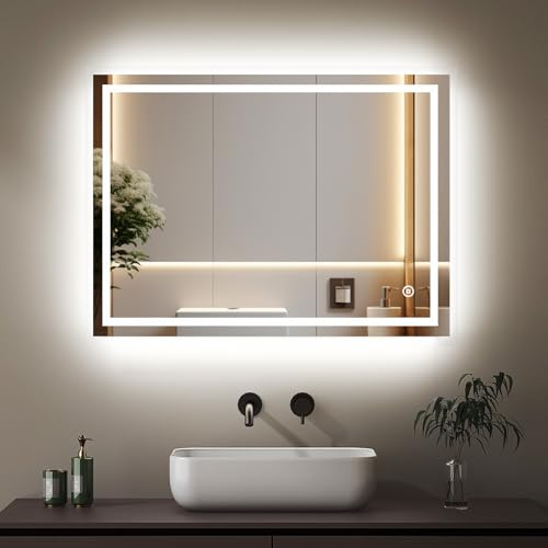 Boromal Badspiegel Dimmbar 50x70cm Badspiegel mit Beleuchtung Wandschalter 3 Lichtfarbe 3000-6400K 2410LM Kaltweiß Neutral Warmweiß Badezimmerspiegel LED Spiegel Wandspiegel Lichtspiegel