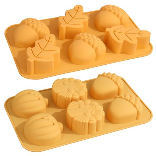 Goldyida 2 Stück Herbst Kürbis Silikonform 3D Kürbis Silikonformen 6 Mulden Kürbisblatt Eiche Silikonformen DIY Aromatherapie Kerzen Silikonform für Pudding, Muffin, Kuchen,Seife,Kerze