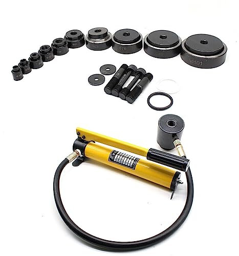 15T Juego de perforadora hidráulica de metal con herramienta de perforación, 10 troqueles de corte y manguera de alta presión, kit hidráulico de perforación, color amarillo