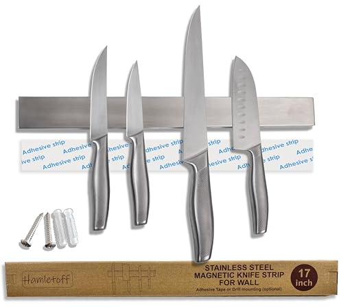 Hamletoff Premium Magnetic Knife Strip for Wall no Drilling – 17 Inch Stainless Steel Magnetic Knife Holder with Strong Adhesive Tape - Kitchen Magnet Knife Bar with Screws (Upgraded Version)