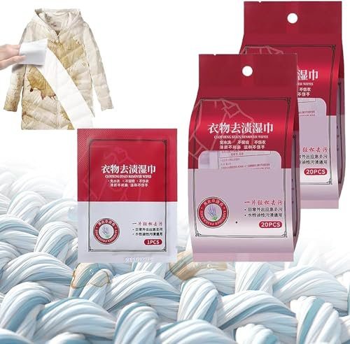Clothing Stain Removal Wet Wipes, 20Pcs/Pack Stain Remover Wipes, Individual Wrapped Cleaning Wipes, Stain Remover for Clothes Fabric Carpet (2 Pack)
