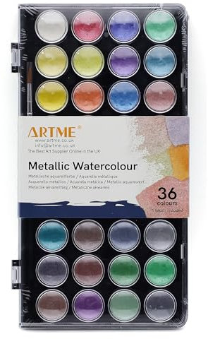 Artme Wasserfarben 36 Metallic-Farben - Aquarellfarben - Metallic-Aquarell-Kuchenpaletten mit 1 Pinsel