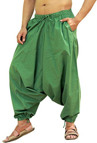 Sarjana Pantalon harem en coton pour homme, femme, unisexe - Pantalon genie baggy avec fente - Pantalon de yoga, Vert 1, Taille unique