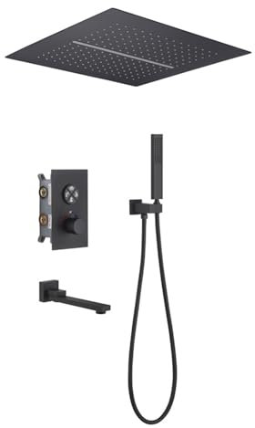 XJTNLB Duscharmatur Unterputz Schwarz Quadrat Armatur Dusche Set Wasserfall Duschkopf Set Duschsystem Regendusche 40X40,Drei Funktionen