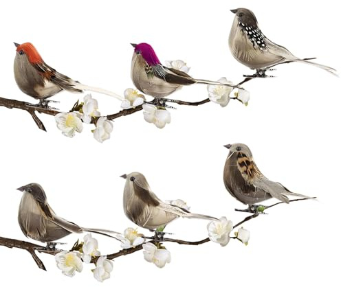 xlwen Pajaros Decorativos con Plumas, 6 Piezas Pájaro De Plumas Artificiales,Figuras de Pájaros,Decoración de Pájaro,Figura de pájaro pequeño para Manualidades Bricolaje, Boda, casa, Fiesta