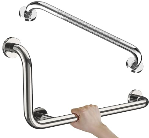 Haltegriff aus poliertem Chrom, L-förmig, 30,5 x 61 cm + gerändelter Dusch-Haltegriff, 50,8 cm, Zepolu Edelstahl-WC-Sicherheitsstange, 90 Grad, abgewinkelte Balance-Stützstange,