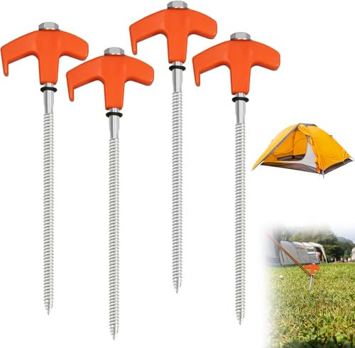 CANIPHA 4Pcs Screw in Tent Stakes Heavy Duty, 8 Carbon Steel & Plastic, Orange, Metal Screw Style, Tent Stake