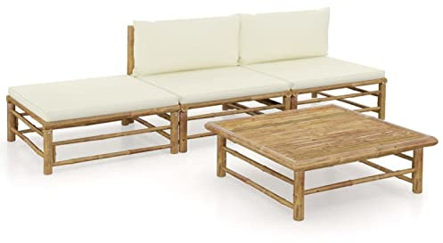 Faroom Gartenlounge Set Bambus Lounge Gartenmöbel Set Loungemöbel Set Bambus Balkon Lounge Sofa Outdoor Balkonmöbel Kleiner Gartengarnitur Sofagarnitur Creme 4-tlg-Type-100