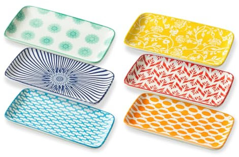 Gibsimi Rectangle Serving Plates Set - 8 Inch Ceramic Rectangular Dinner Appetizer Dishes - Microwave Oven Dishwasher Safe - Porcelain Platter for Salad Pasta Sushi - Set of 6 - Assorted Colors