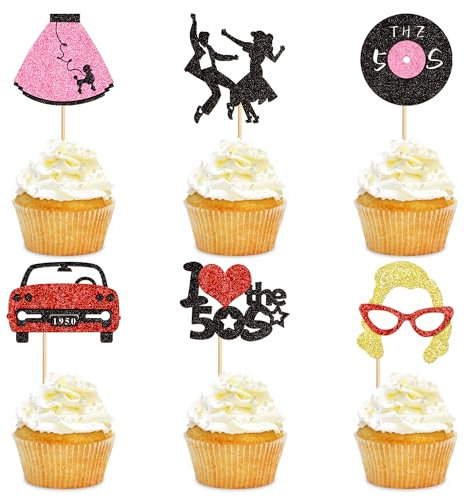 Cyodoos 24 Pcs 1950s Cupcake Topper 50's Party Decorations 50's 60's Theme Party Decoration 50's 60's Theme Music Party Supplies