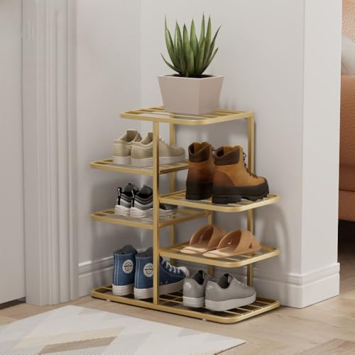 YOUSIS Vertical Shoe Rack Gold Metal, Multi Tier Shoe Storage Organizer | Space Saving Narrow Shoe Rack, Adjustable Shelves Suitable for Bedroom, Living Room, Entryway, Closet, Sturdy & Rust-Proof