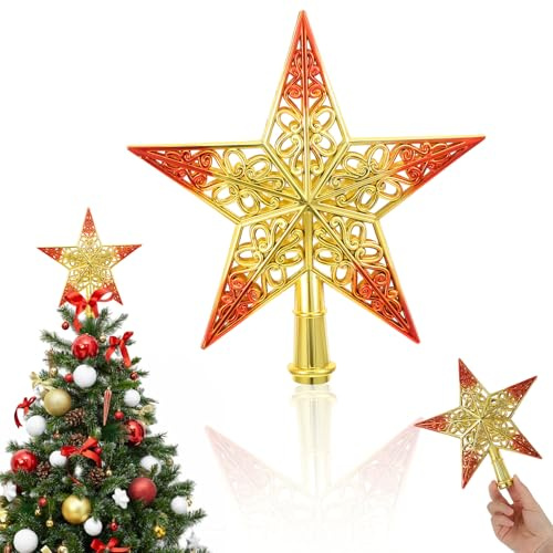 20cm Glitzernde Weihnachtsbaumspitzen Stern,Stern Weihnachtsbaumschmuck,Ausgehöhlte Weihnachtsstern-Ornamente,Weihnachtsbaum Sternspitze für Weihnachtsdeko,Party,Innendekoration(Gold Rot)