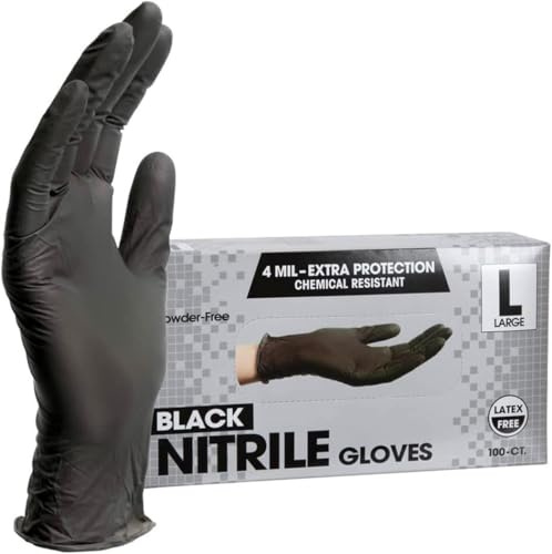 PROMART Disposable Nitrile Gloves Black, Chemical Resistant, Powder-Free, Latex-Free, Non-Sterile, Food Safe, Black,100-Count (200, LARGE)