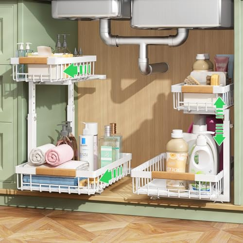 Kitstorack Metal 2 Paquete Organizador Fregadero, 2 Niveles Organizador Extraíble Estante Almacenamiento Debajo Fregadero Para Cocina, Baño, Blanco