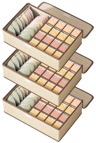 Foeska Organizzatori per Cassetti, Divisori per Cassetti, Organizzatore Piegevole per Guardaroba, Organizzatore in Tessuto per Biancheria Intima da Letto, Camicie (3 pz con 17 scomparti Beige)