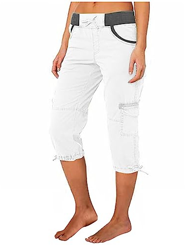 Cargohose Damen Sommer Knielang Cargo Shorts 3/4 Arbeitshose Regular Fit Sommerhose Einfarbig Caprihose Baumwolle Hose Hohe Taille Freizeithose Elastisch Sporthose Jogginghose Stoffhose mit Taschen