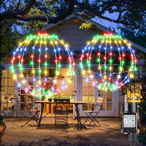 iBaycon Weihnachtsbeleuchtung Außen,Bunt Hängekugeln mit blinkenden Perlen,Hauptstromversorgung mit Timer,Faltbare Kugel Weihnachtsdeko Lichterkette,für Garten Party Innen(33cm+28cm,2er-Pack)