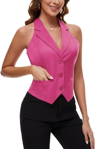Kyzoeyou Gilet court à 3 boutons pour femme, dos nu, revers cranté, gilet de costume formel, gilet de costume simple passepoilé, gilet de bureau