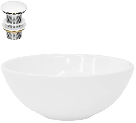 LuxeBath Lavabo in Ceramica Bianco Lucido Ø 28 x 11,6 cm Lavandino da Appoggio Rotondo Design Moderno Lavamani Bacinella Sanitari Arredo Bagno Toilette Casa Lavello incl. Piletta senza Troppopieno