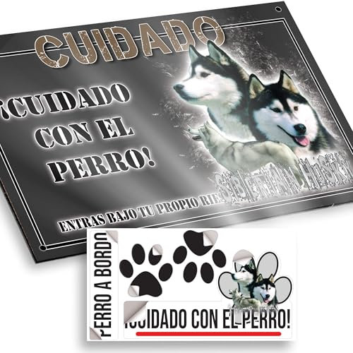 Husky Siberiano Cartel Cuidado con el Perro 20x12,5cm - Diseño Antracita en Dibond con Pegatina Coche 20x5cm - En Español