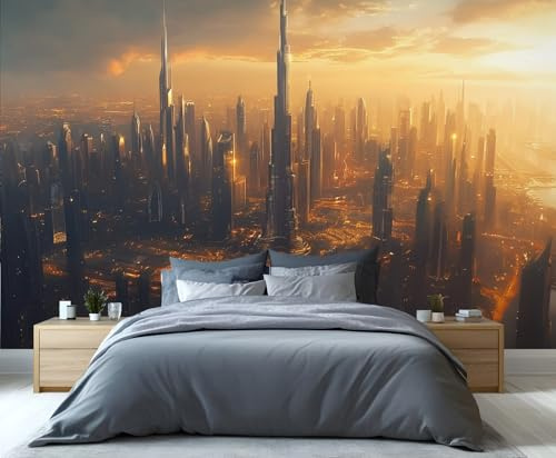 YXQAIED Sci-Fi-Stadt-Tapetenwandbild, Stadt-Skyline abnehmbare Tapete Stadtbild 3D-Wandbilder Aufkleber für Wohnzimmer TV-Hintergrundwand, 200x140cm