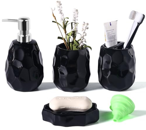 Set di accessori per il bagno, set di 4 accessori da bagno, dispenser per lozione e sapone, portasapone, porta spazzolino da denti, tazza per lavare i denti, organizer da bagno per bagni moderni (Nero