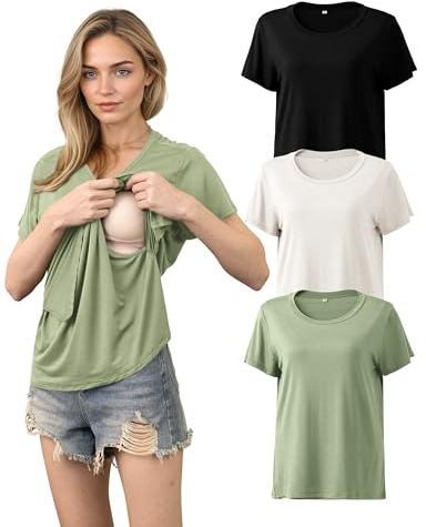 SUNNYBUY Magliette per allattamento set da 3 – Maglietta per allattamento a maniche corte per donna – Comoda moda premaman per gravidanza e allattamento, S